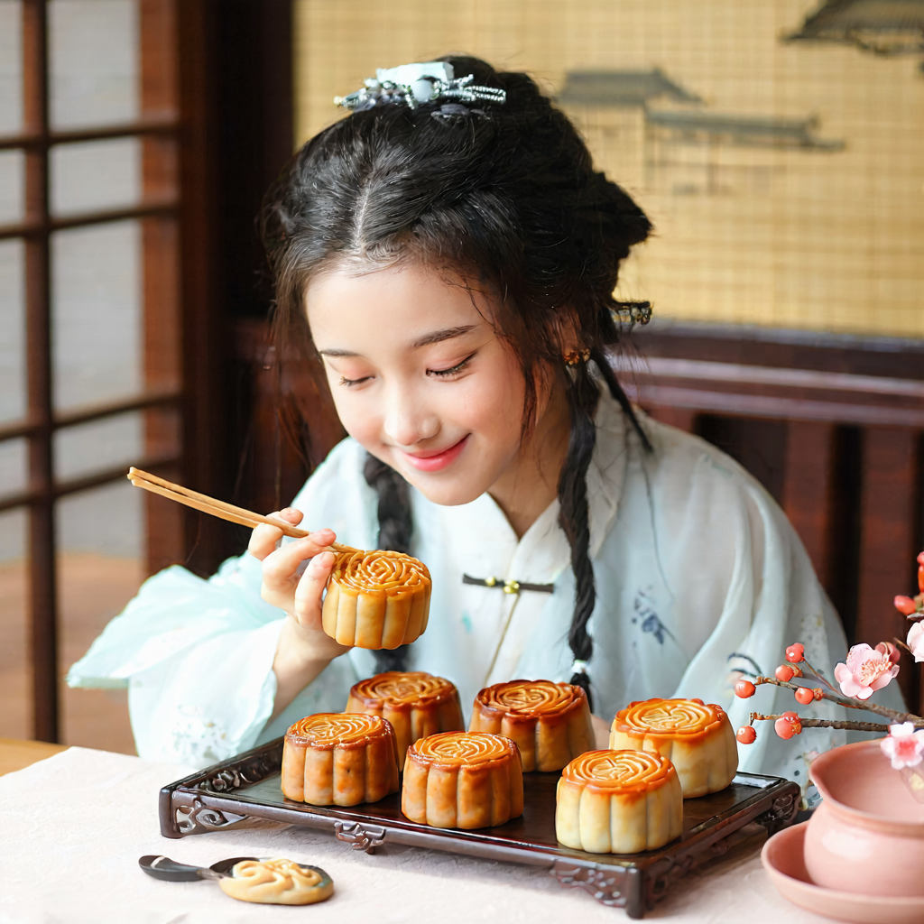 坐在桌子前吃月饼的小女孩儿 坐在桌子前吃月饼的小女孩儿